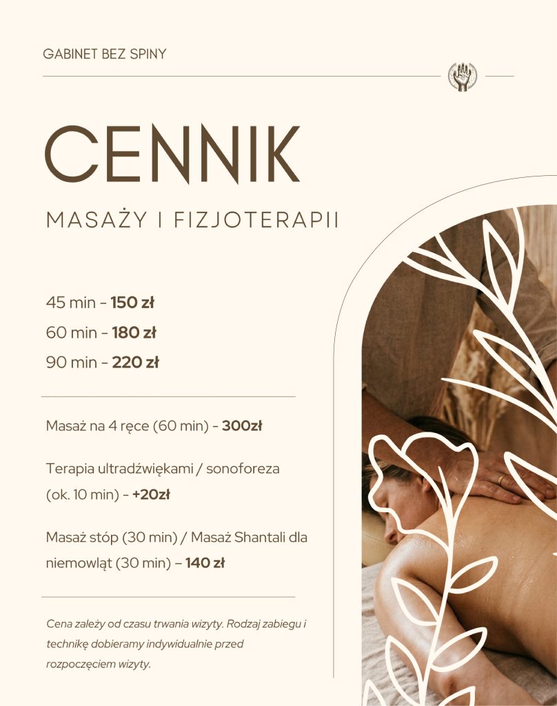 Cennik masaży i fizjoterapii Gabinetu Bez Spiny. Ceny: 45 min – 150 zł, 60 min – 180 zł, 90 min – 220 zł. Masaż na 4 ręce (60 min) – 300 zł. Terapia ultradźwiękami / sonoforeza (ok. 10 min) – +20 zł. Masaż stóp (30 min) lub Masaż Shantali dla niemowląt (30 min) – 140 zł. Uwaga: Cena zależy od czasu trwania wizyty, rodzaj zabiegu dobierany indywidualnie.