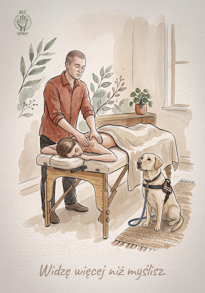 Akwarelowa ilustracja przedstawiająca masażystę wykonującego masaż pleców pacjentki na leżance do masażu. Obok stołu siedzi pies przewodnik w szelkach z imieniem Karmel. Na dole napis: Widzę więcej niż myślisz.