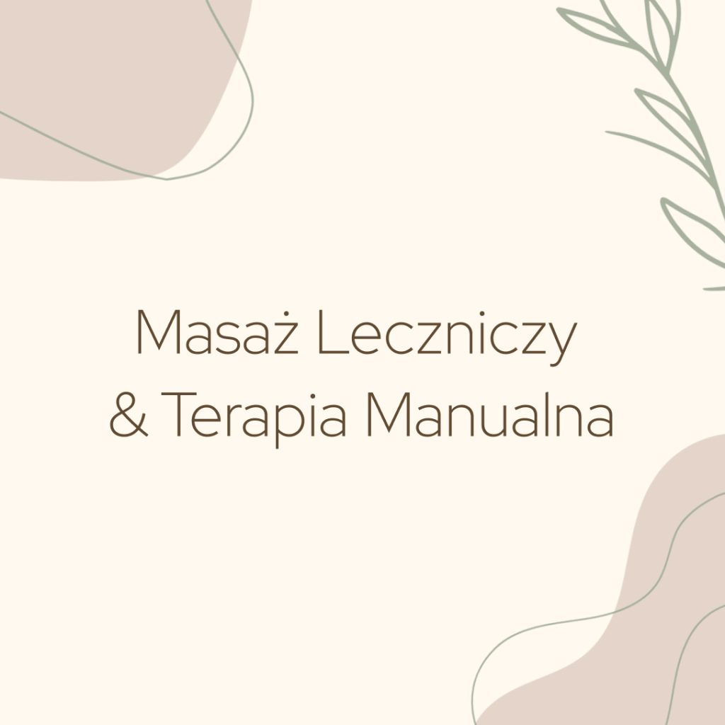 Grafika kategorii usług: Masaż Leczniczy & Terapia Manualna. Jasne pastelowe tło z motywem roślinnym.