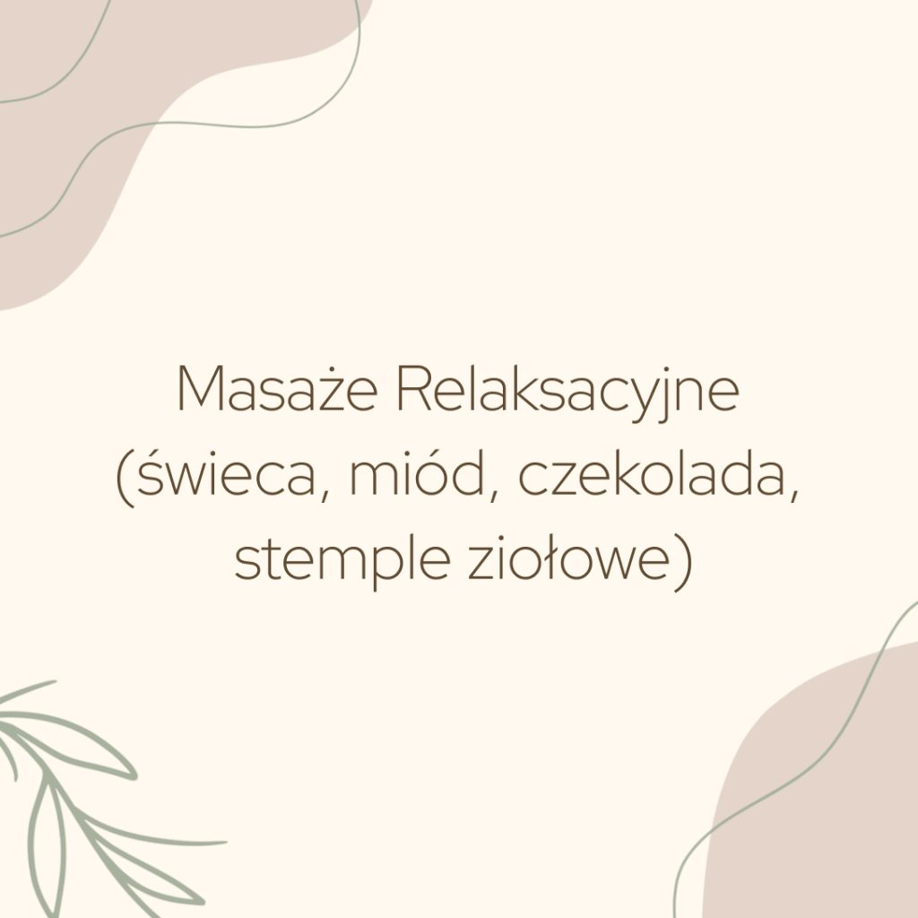 Grafika kategorii usług: Masaże Relaksacyjne (świeca, miód, czekolada, stemple ziołowe). Jasne pastelowe tło z motywem roślinnym.