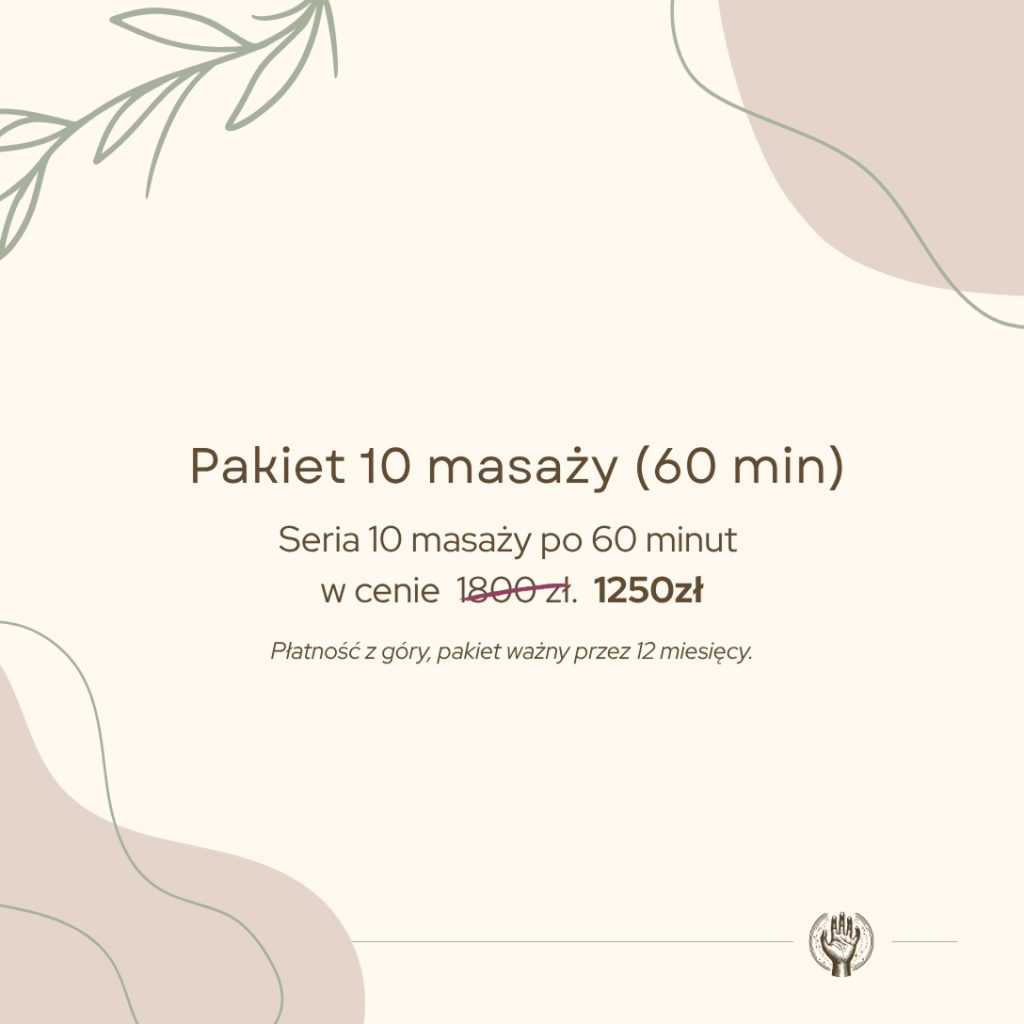 Grafika promocyjna: Pakiet 10 masaży po 60 minut w cenie 1250 zł (przekreślona cena regularna 1800 zł). Płatność z góry, pakiet ważny przez 12 miesięcy. Logo Gabinet Bez Spiny.