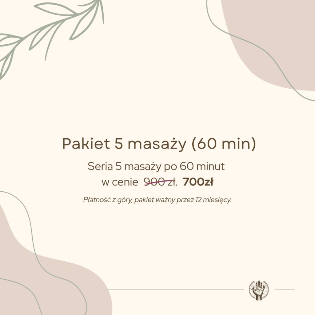 Grafika promocyjna: Pakiet 5 masaży po 60 minut w cenie 700 zł (przekreślona cena regularna 900 zł). Płatność z góry, pakiet ważny przez 12 miesięcy. Logo Gabinet Bez Spiny.